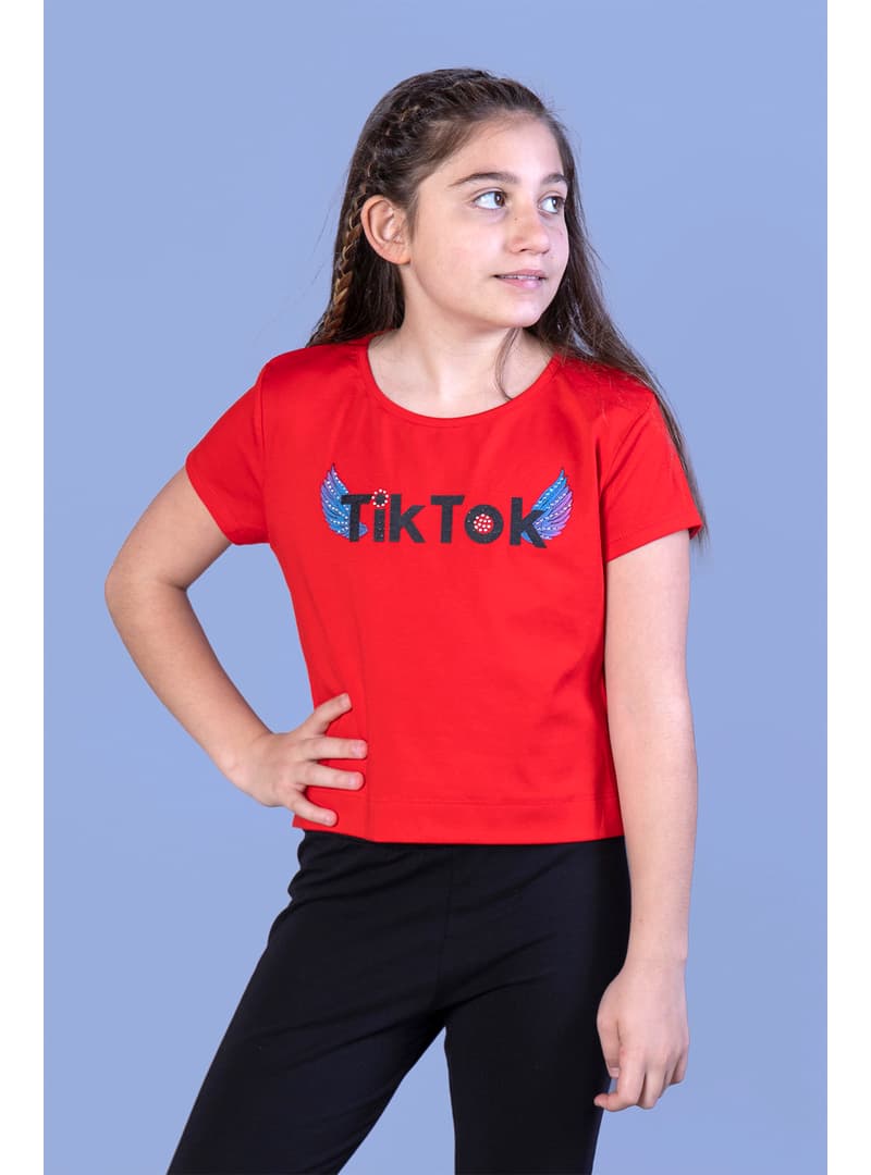 Kız Çocuk TikTok Baskılı Tişört Kırmızı