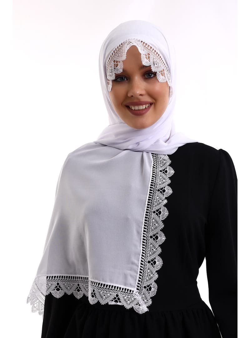 İğne Oyalı Dantelli Eşarp Beyaz