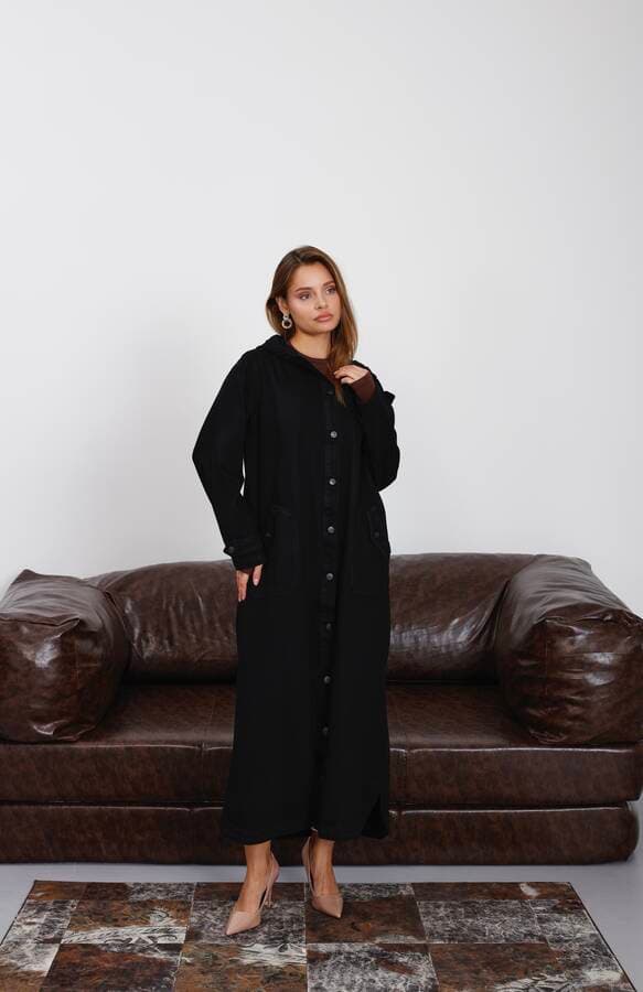 6329-Denim Kapşonlu  kap Siyah