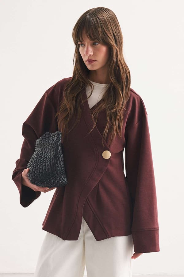Düğme Detaylı Vişne Kimono Bluz