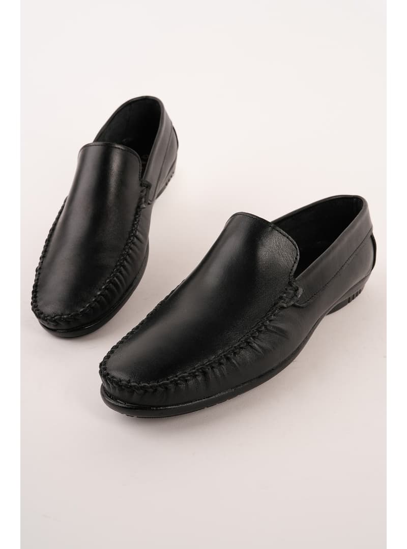 Muggo Hakiki Deri Bağcıksız Erkek Loafer Ayakkabı Siyah