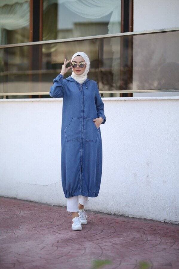6475-Denim Kapşonlu fermuarlı  tunik Koyu Mavi