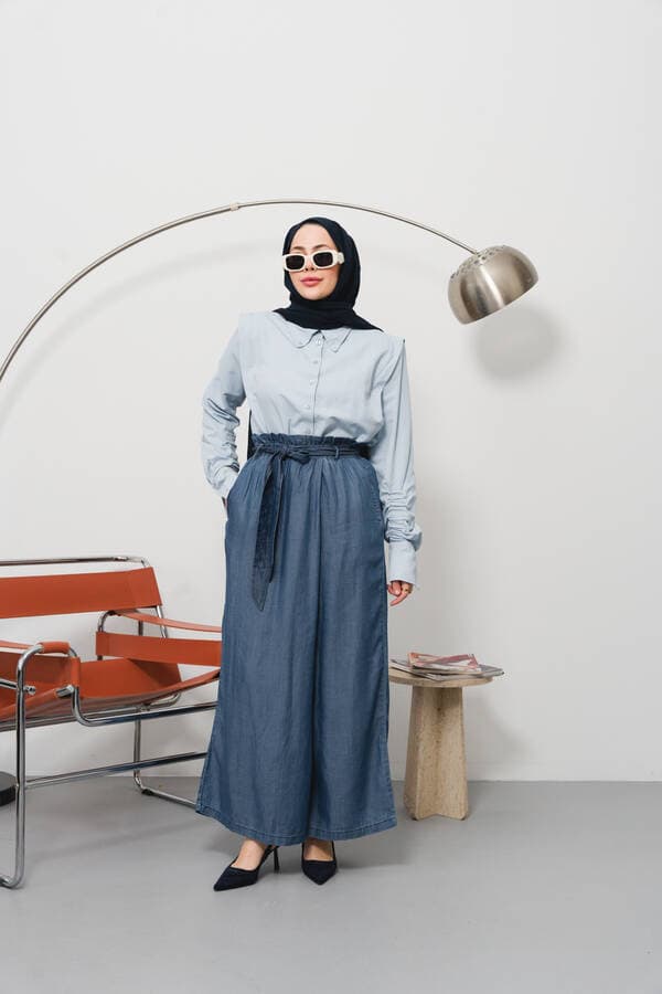 1119-Denim Lastikli Pantolon Etek Koyu Mavi