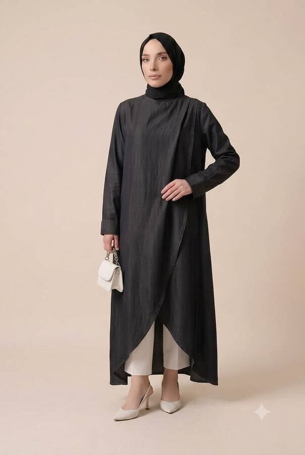 6394-Denim Parça Boya Standart  Tunik Siyah