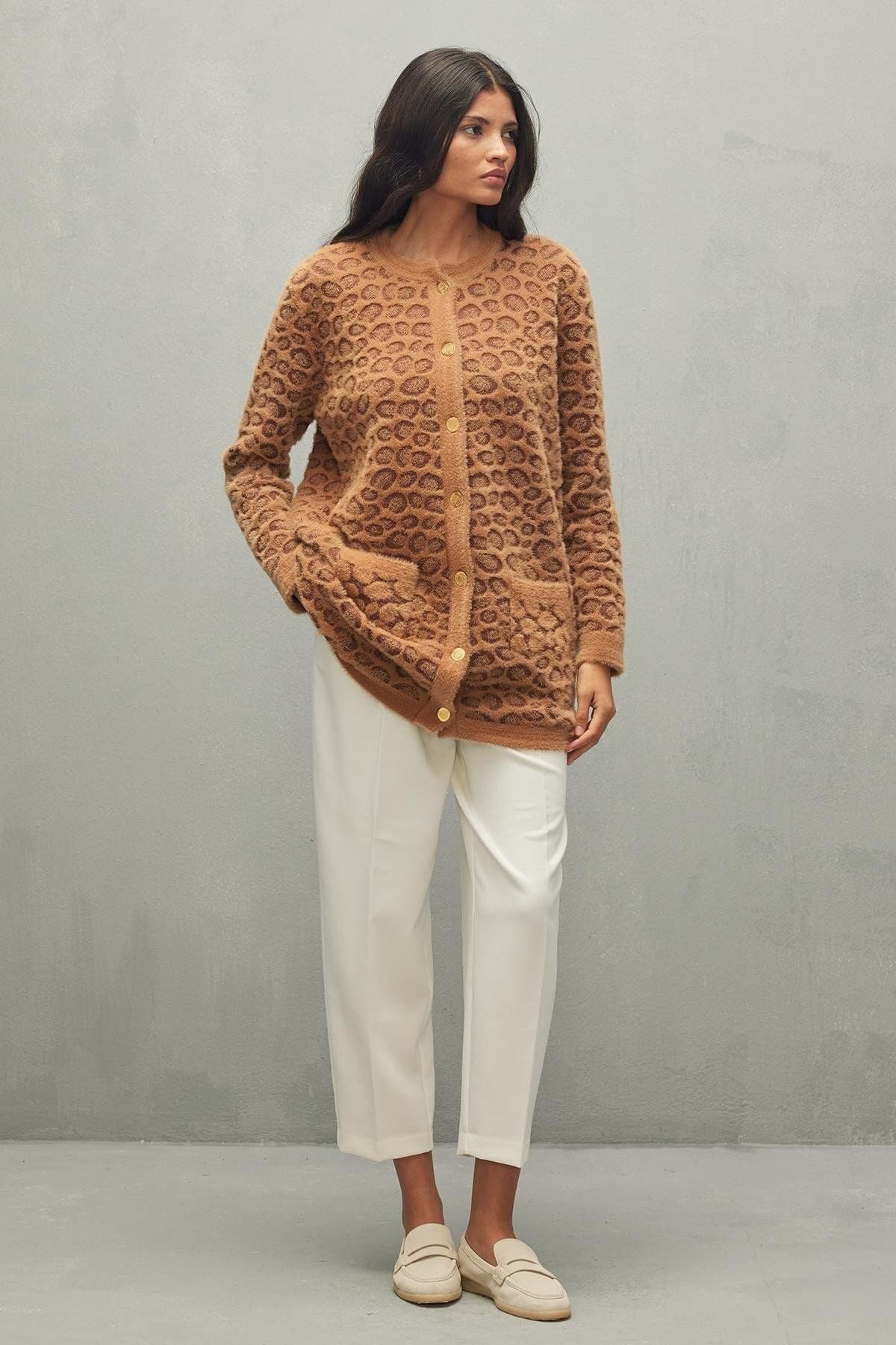 Leopar Desen Hırka Camel