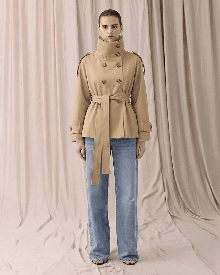 Gabardin Kalkık Yüksek Yaka Kısa Trençkot Camel