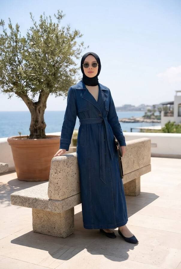6458-Uzun Denim Trençkot Koyu Mavi
