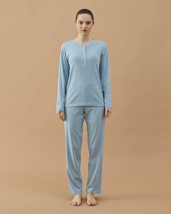 Penye Ribana Önü Patlı Pijama Takımı Mavi