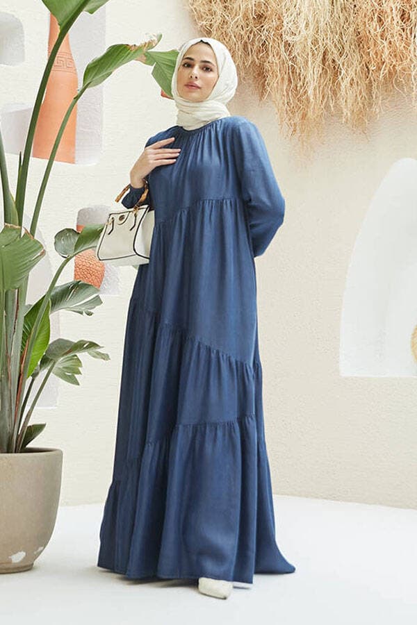 6614-Denim Büzgülü Tensel  Elbise Koyu Mavi