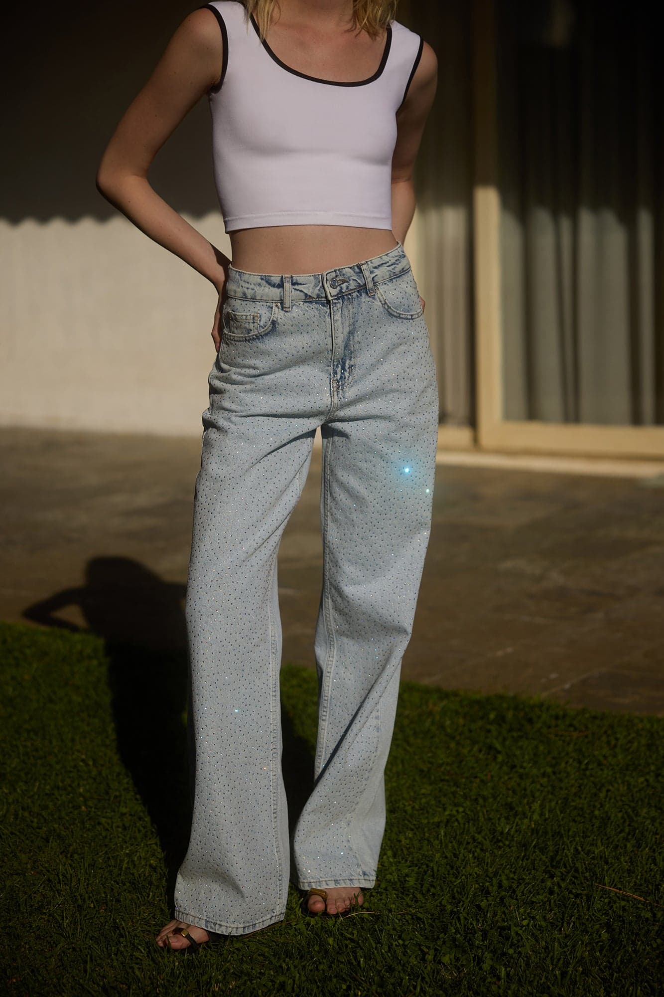 STONE-EMBELLISHED WIDE-LEG JEANS