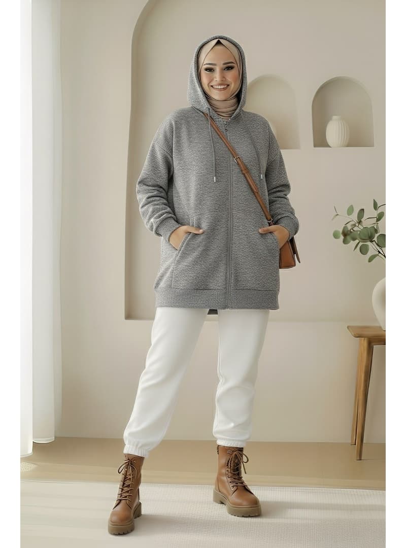 Kapşonlu Fermuarlı Şardonlu Sweatshirt