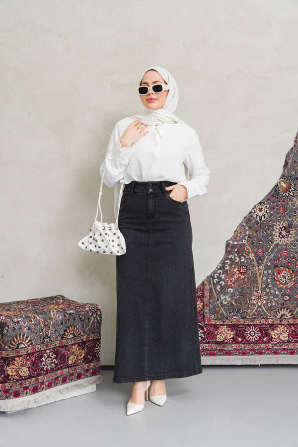 2254-Denim Klasik Etek Füme