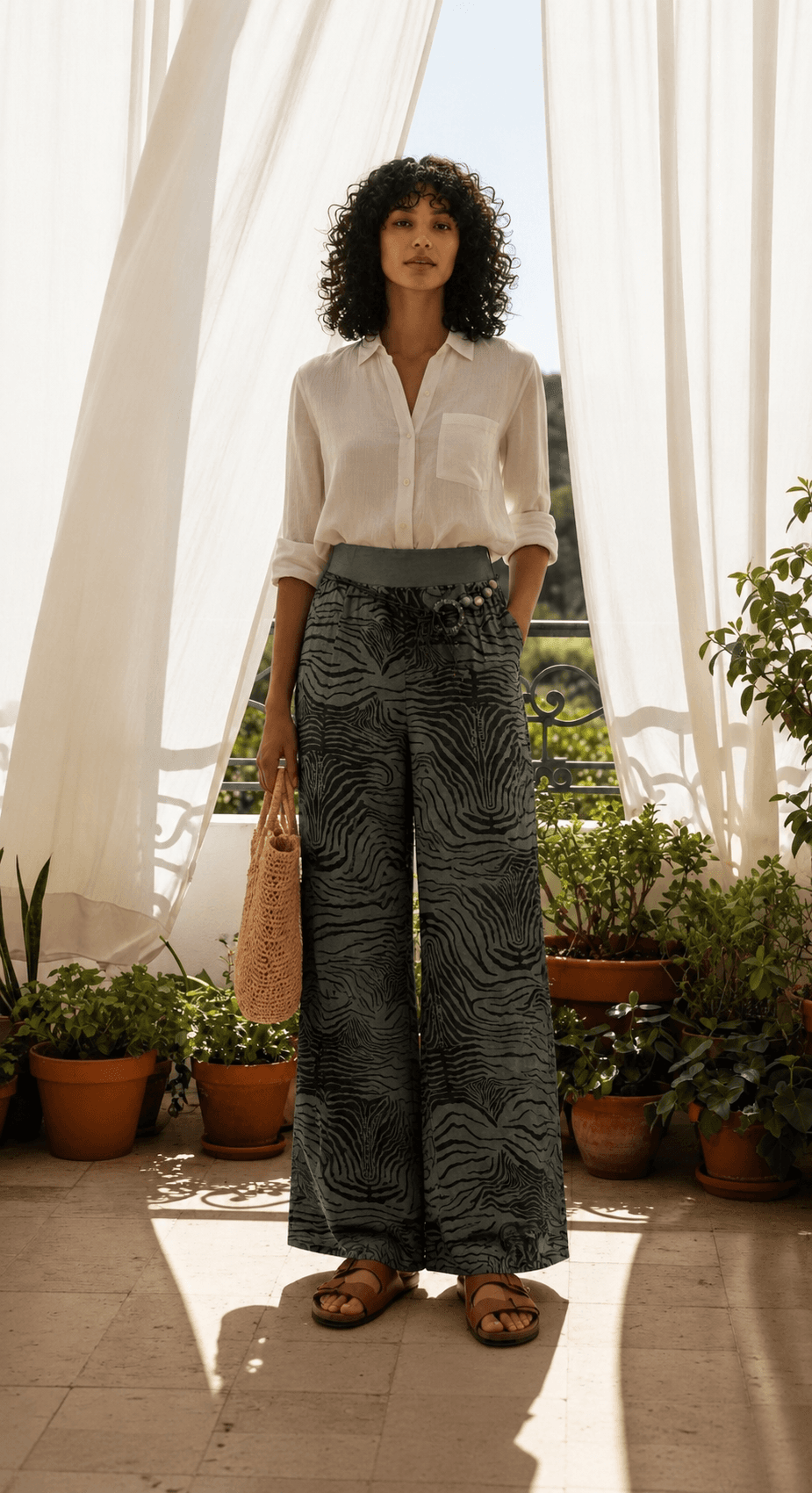 Zebra Esintili Bol Paça Pantolon Yeşil-RS265871
