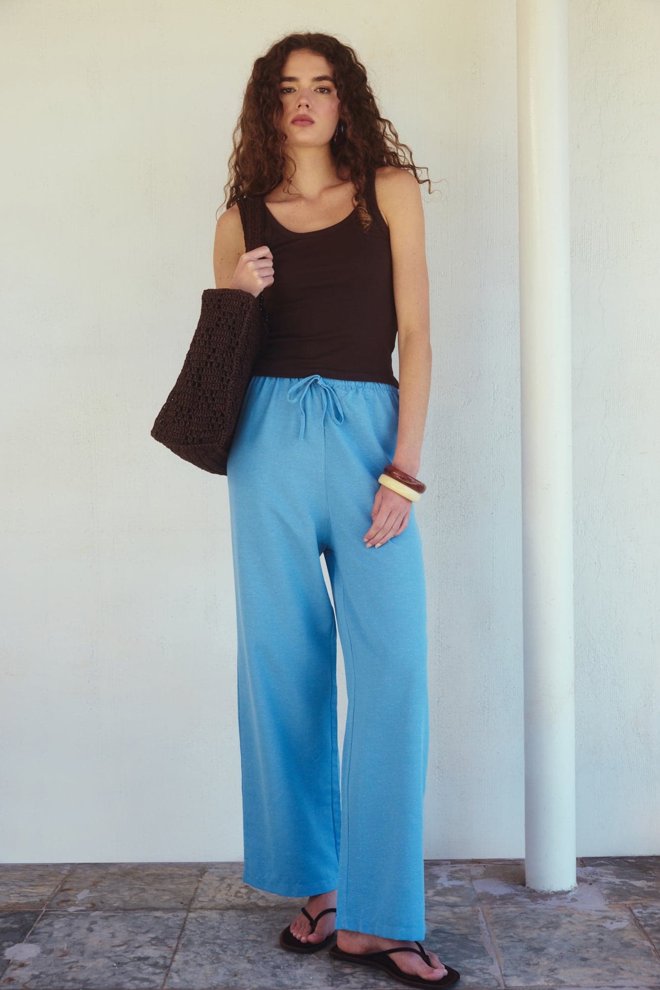 LINEN-TEXTURED STRAIGHT LEG PANTS