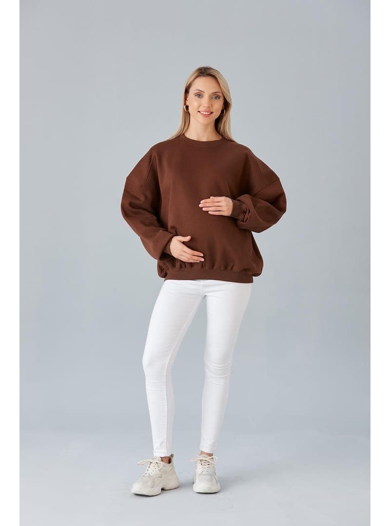 Hamile Sweatshirt Üç İplik Şardonlu Kahve