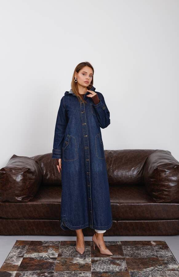 6329-Denim Kapşonlu  kap Koyu Mavi