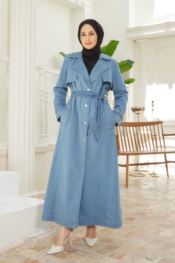 6458-Battal Allerli Denim Trençkot Mavi