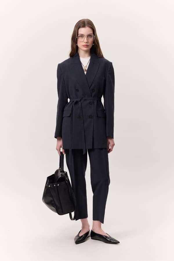 TENCEL KEMERLİ KRUVAZE BLAZER CEKET İNDİGO