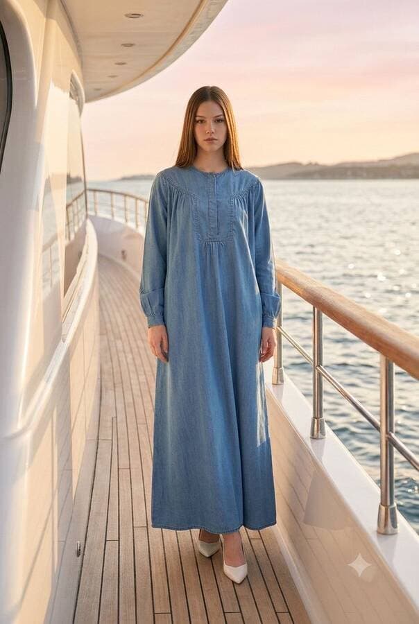 6634-Tensel Denim Elbise Koyu Mavi