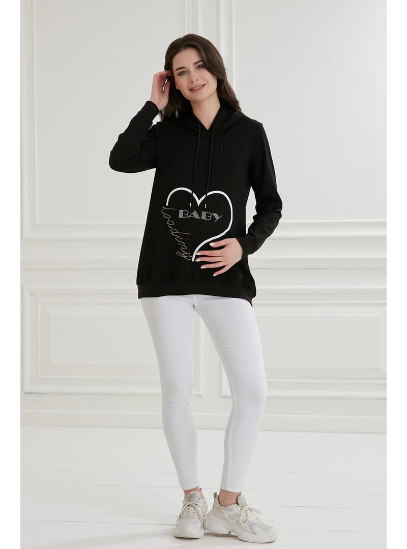Taşlı Baskı Emzirme Detay Hamile Sweatshirt Siyah