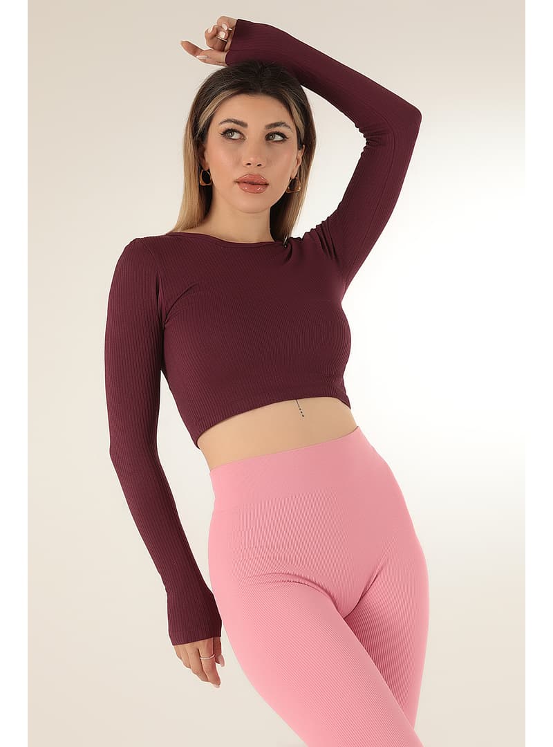 Uzun Kollu Bisiklet Yaka Fitilli Crop Mürdüm
