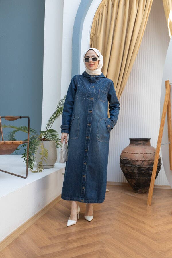 6329-Taşlı Denim Kapşonlu Kap Koyu Mavi