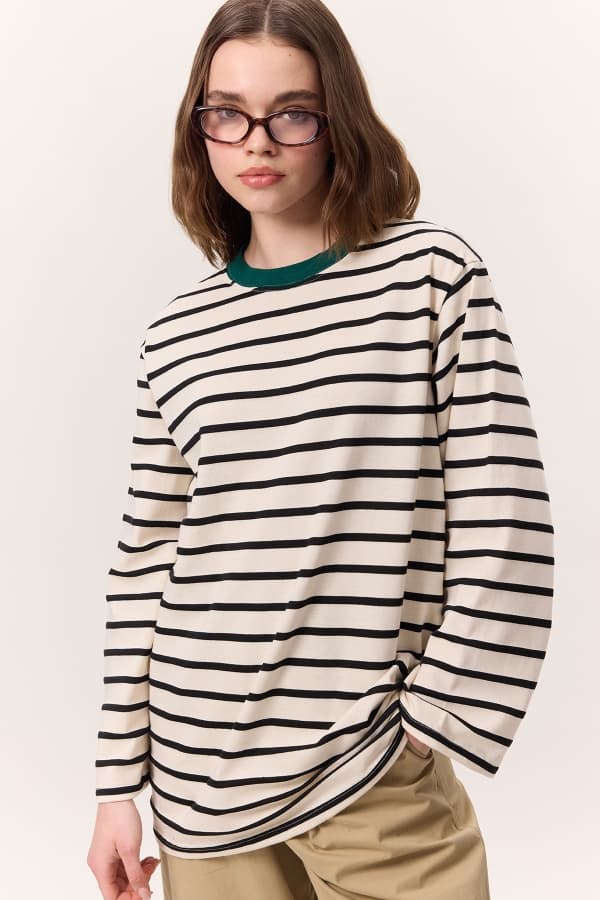 ÇİZGİLİ UZUN KOLLU OVERSIZE TSHIRT SİYAH
