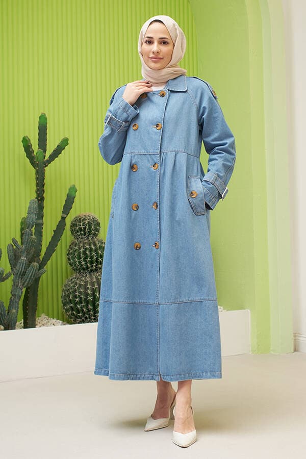 6632-Reglan Kollu Süs Pileli Denim Ceket Mavi