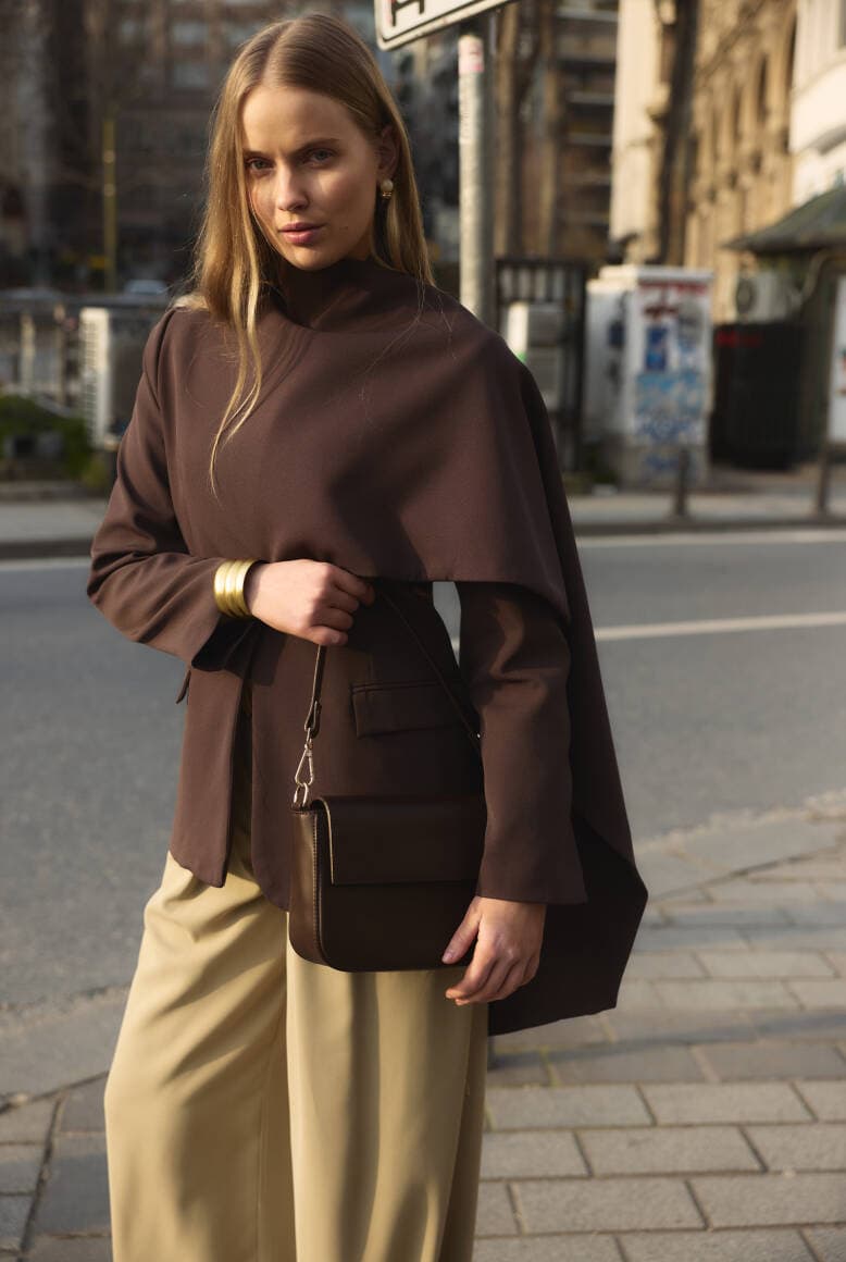Pelerin Detaylı Blazer Ceket Acı Kahve