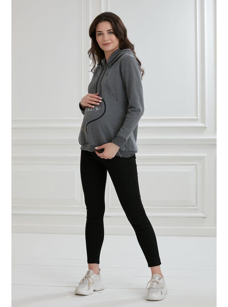 Taşlı Baskı Emzirme Detay Hamile Sweatshirt Füme