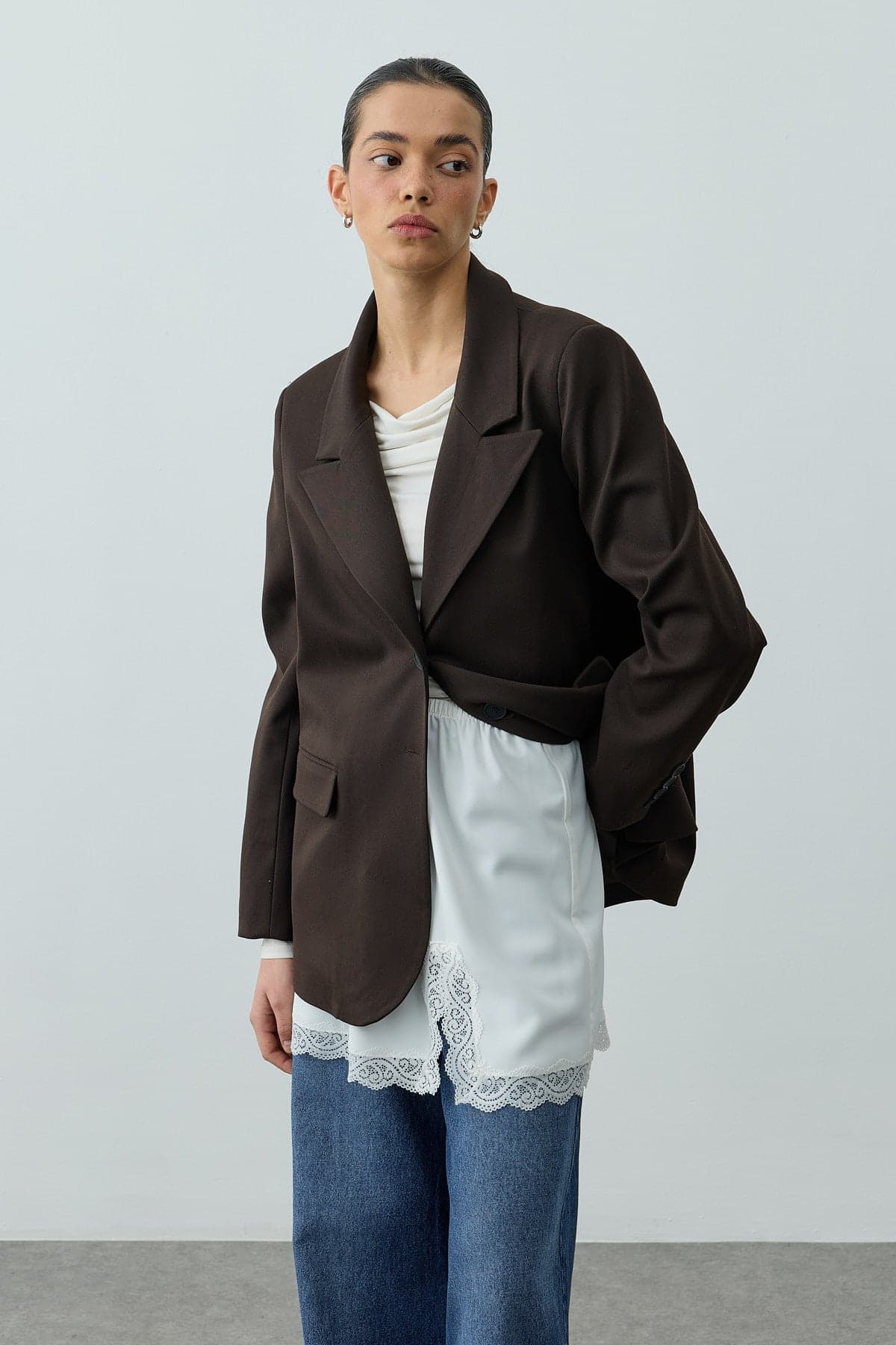 Çift Düğmeli Oversize Blazer Ceket Acı Kahve