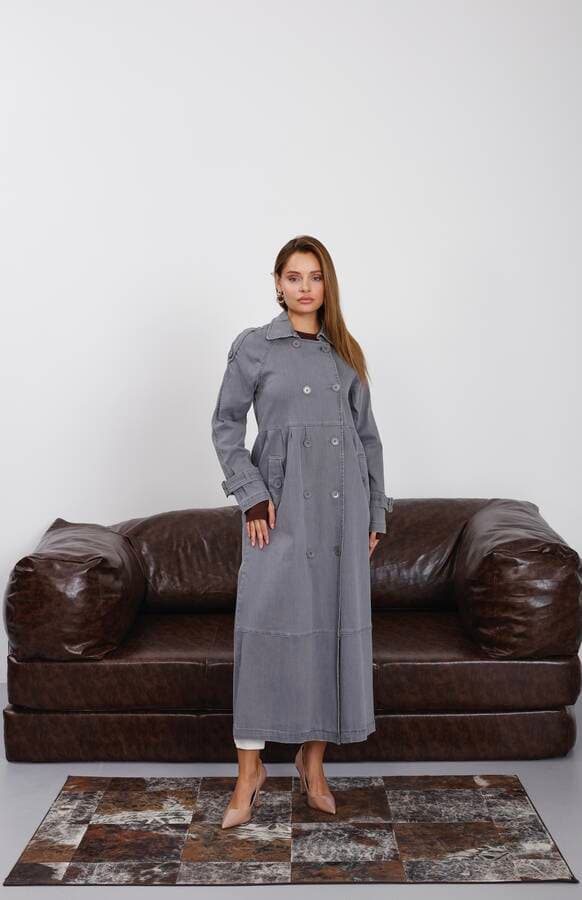 6632-Reglan Kollu Süs Pileli Denim Ceket Gri