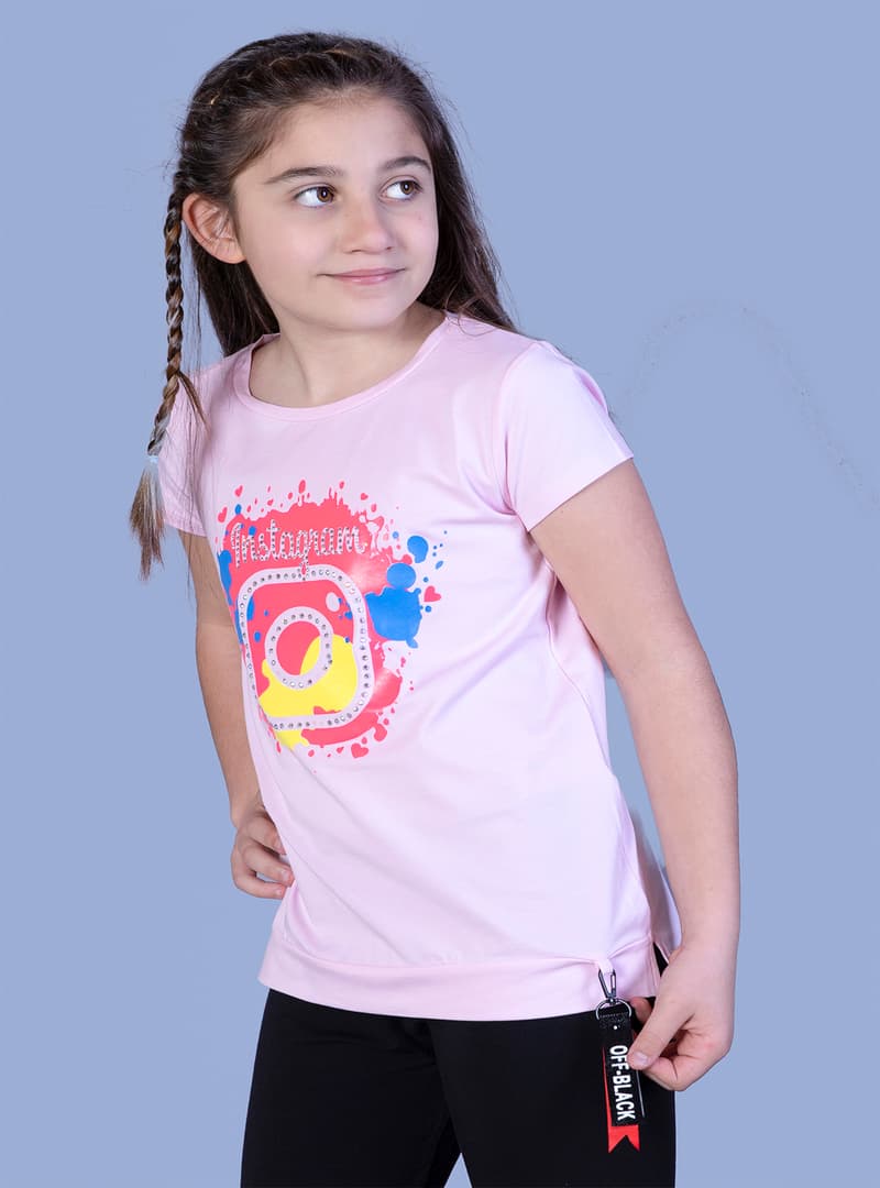 Kız Çocuk Instagram Baskılı Tişört Pembe