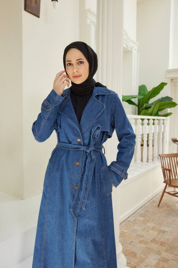 6458-Battal Allerli Denim Trençkot Koyu Mavi