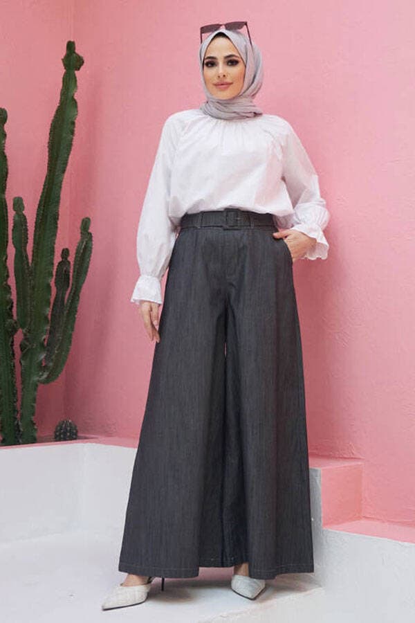 1153-Denim Bol Paça Pantolon Etek Koyu Gri