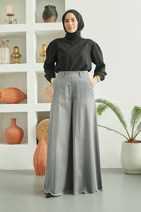 1153-Denim Bol Paça Pantolon Etek Gri