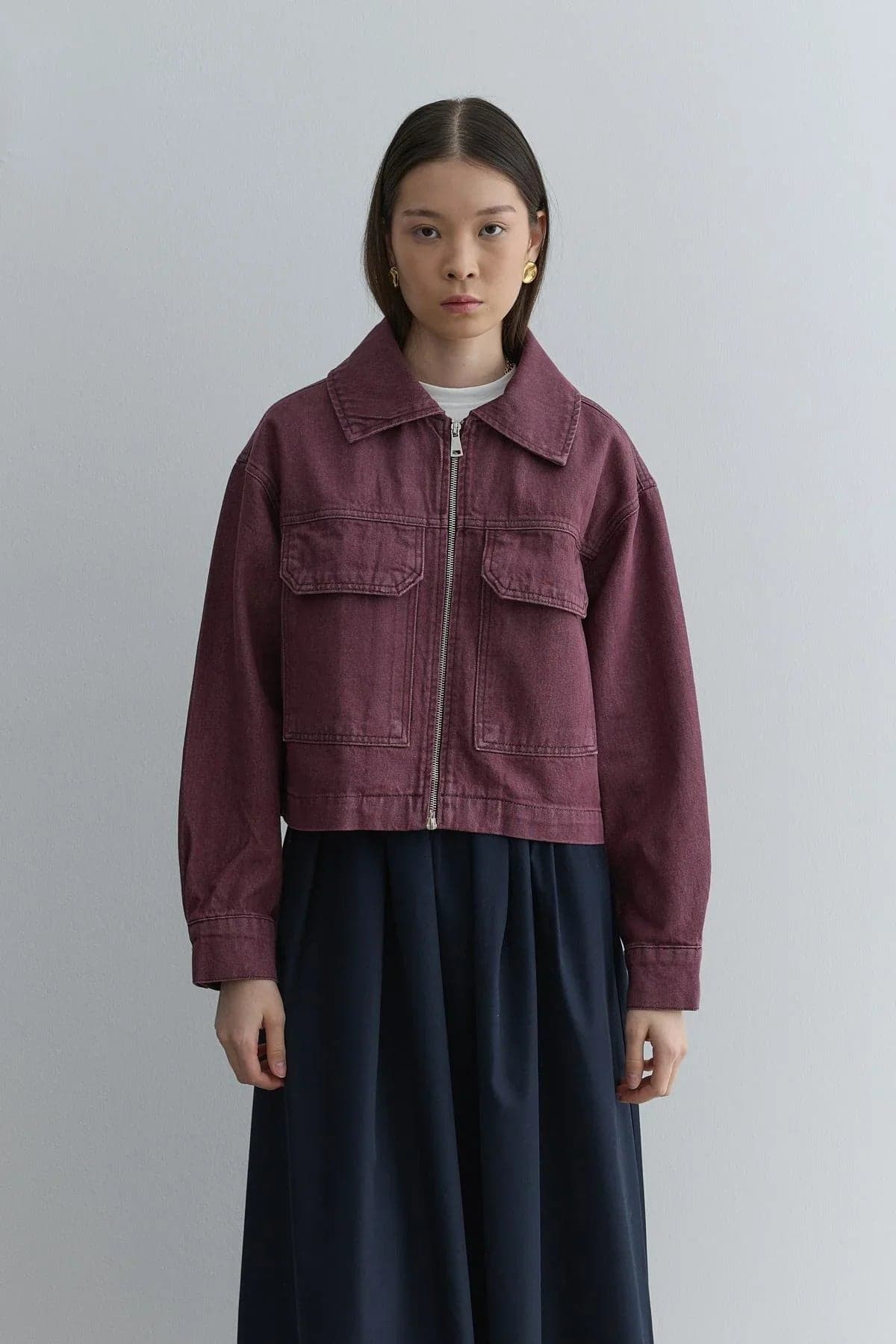 Metal Fermuarlı Denim Ceket Bordo