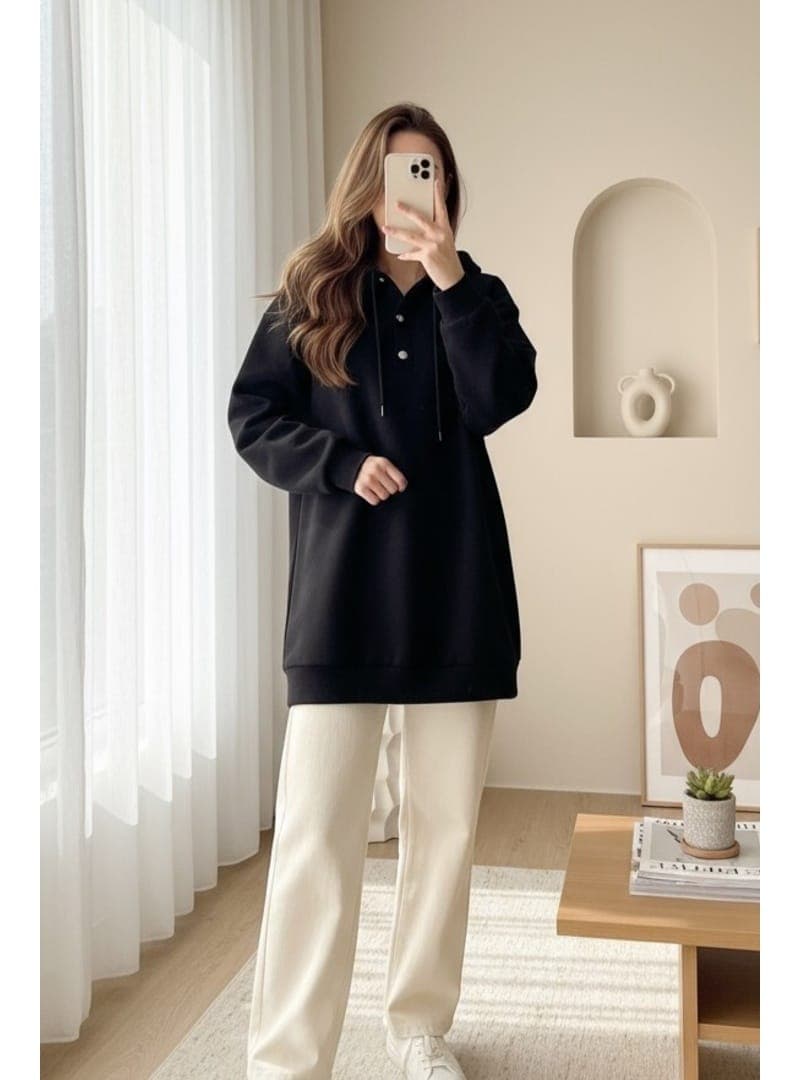 Çıtçıtlı Kapüşonlu Şardonlu Sweat Siyah