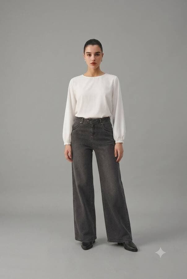 1067-Denim Bol Paça Pantolon Koyu Gri