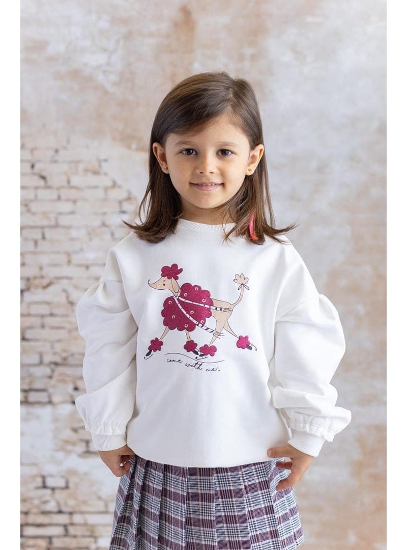 Kız Çocuk Simli Köpek Baskılı Sweatshirt Ekru