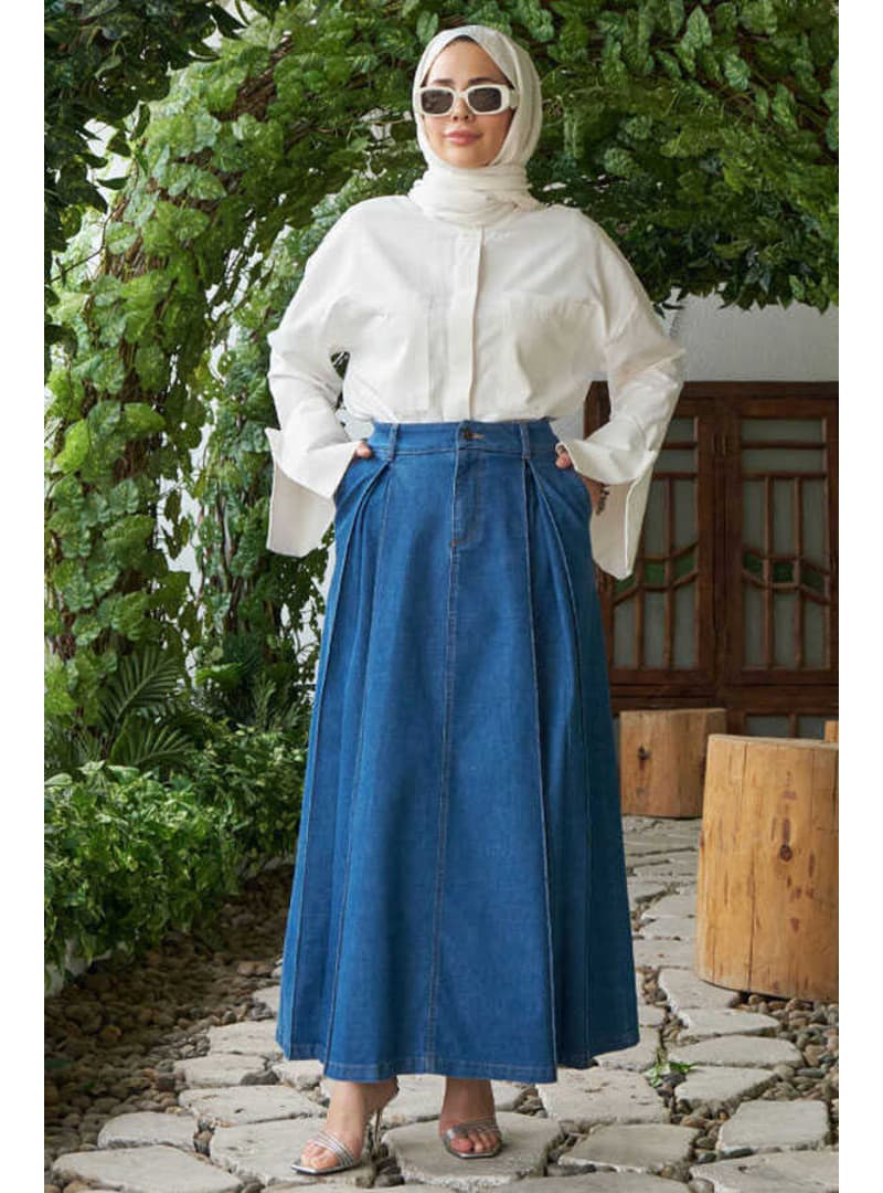 2288 Denim Pileli Etek Koyu Mavi