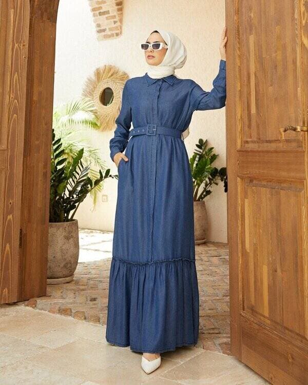 6561-Denim Kemerli Tensel Elbise Koyu Mavi