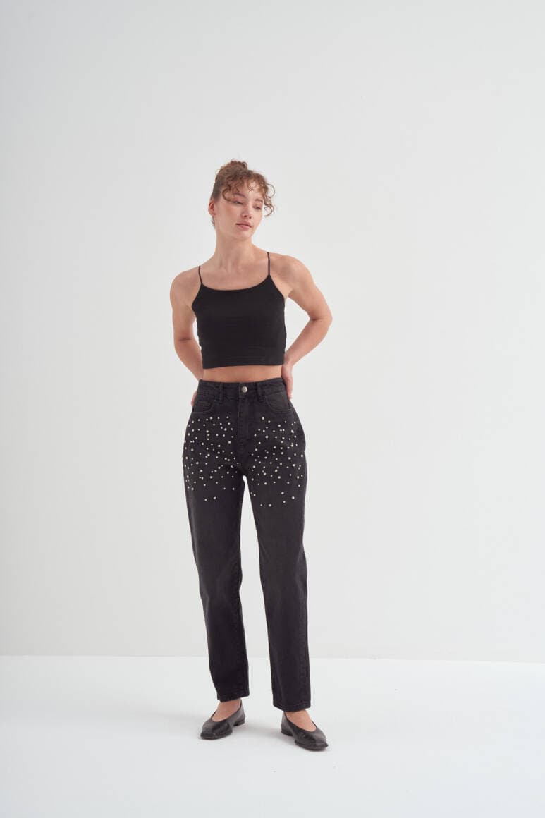 Taş İşlemeli Mom Fit Pantolon Siyah