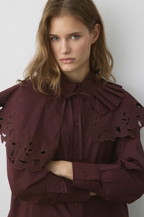Premium Poplin Pilise Detaylı Nakışlı Bordo Yaka