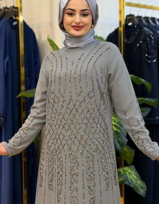 Bayan Gri 7522 Dökme Taş Elbise