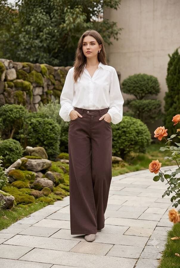 1067-Denim Bol Paça Pantolon Kahve