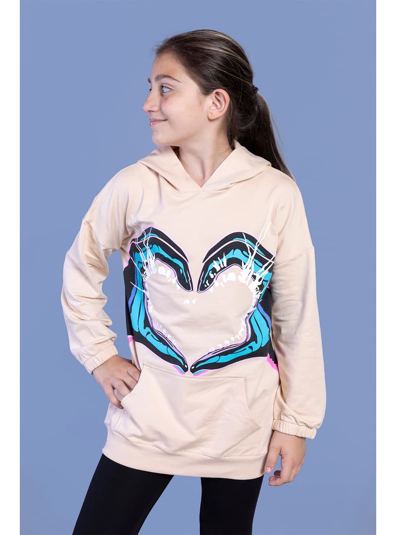 Kız Çocuk Kapüşonlu Sweatshirt Pudra