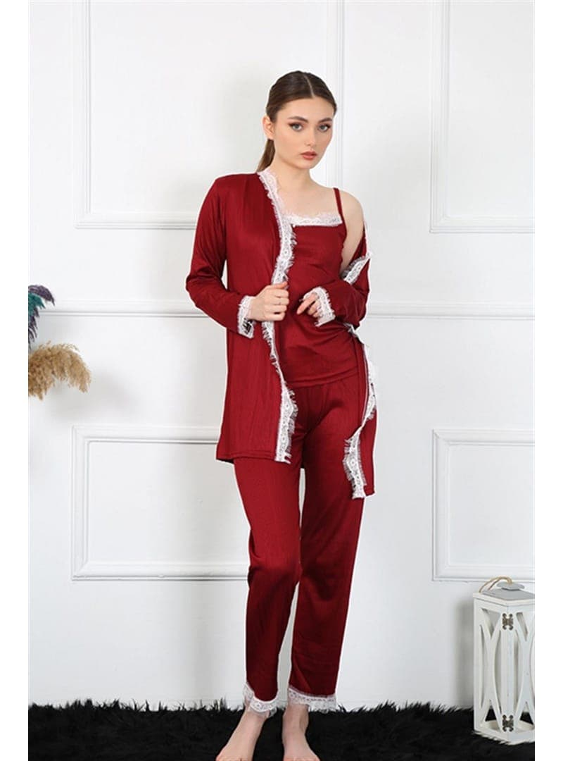 Bordo Dantelli 3lü Sabahlık Takım