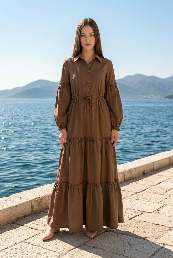 6567-Carla Büzgülü Elbise Vizon