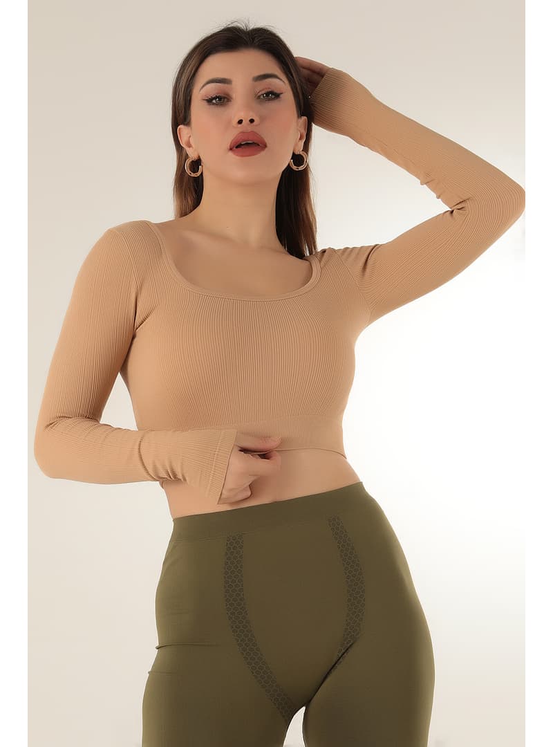 Uzun Kollu Kare Yaka Fitilli Crop Üst